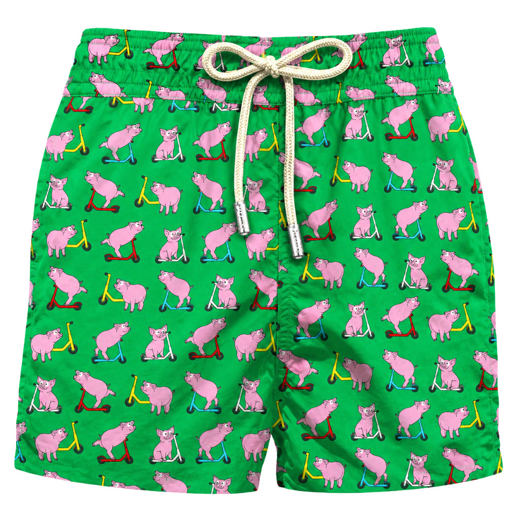 Mc2 Saint Barth – green pig-pattern swim trunks – front view with drawstring waist