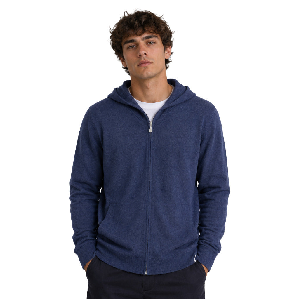 Alpha Studio – Geelong wool zip hoodie in navy – worn front view