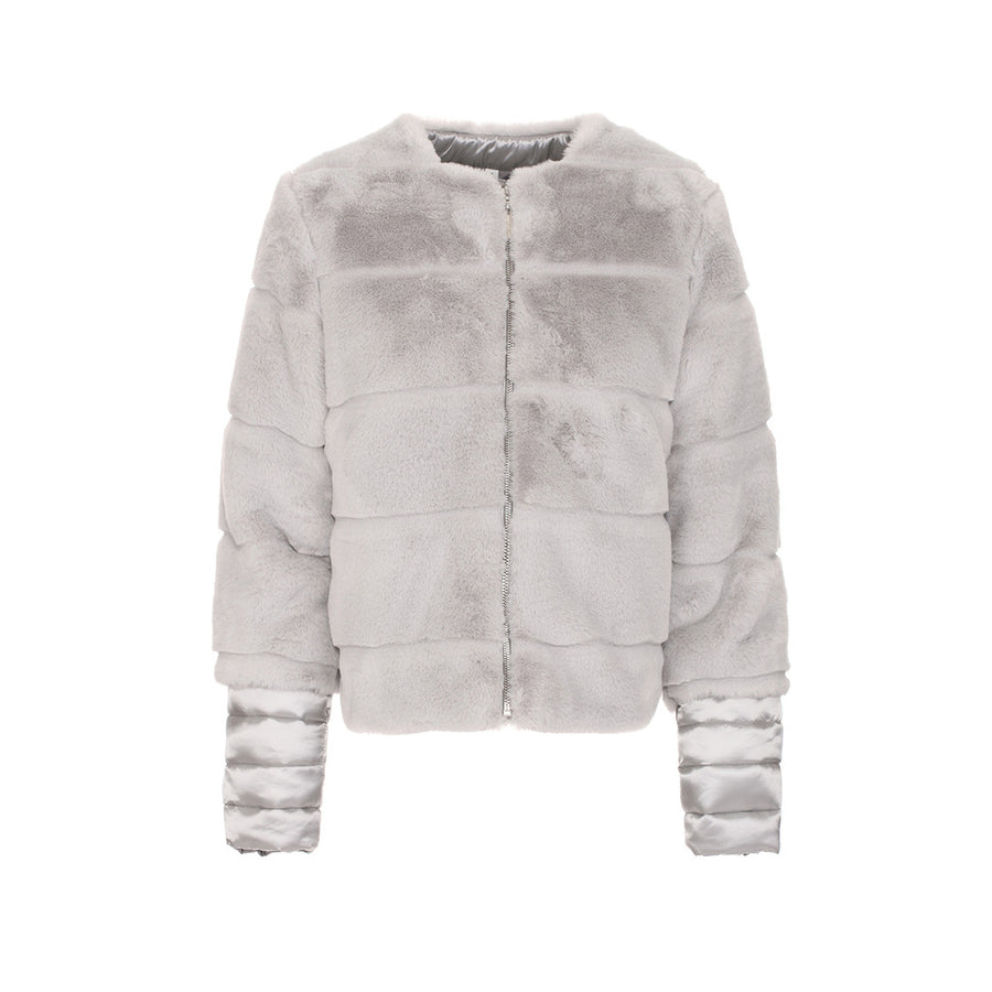 Maison Espin – ME19W08KE Faux-Fur Jacket – front view in grey with zip closure