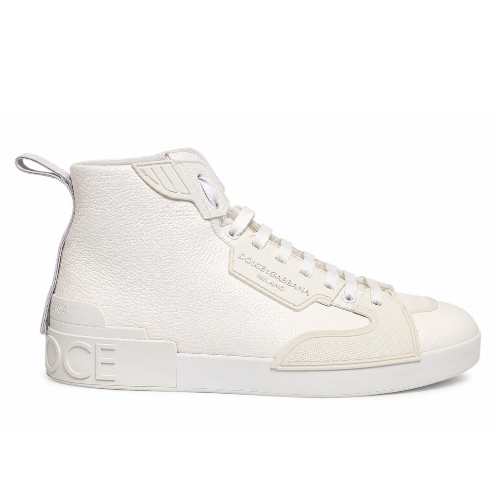 Dolce & Gabbana – white calfskin high-top sneakers – side profile with raised heel lettering