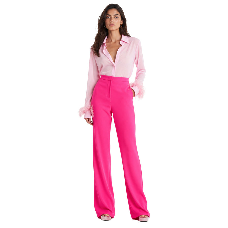 Pinko – Hulka fuchsia wide-leg trousers – full-length front view worn with a pale pink shirt