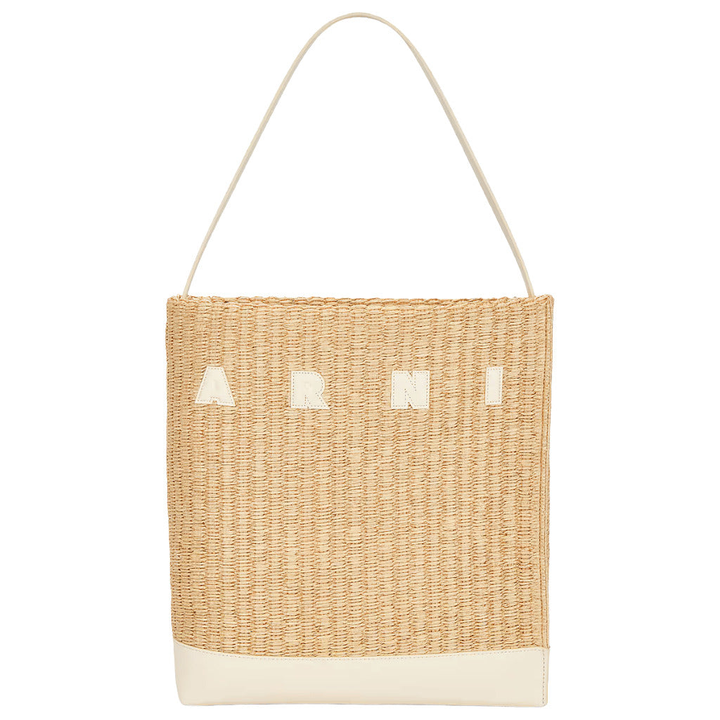 Marni – beige raffia shoulder bag – front view with long thin handle and logo