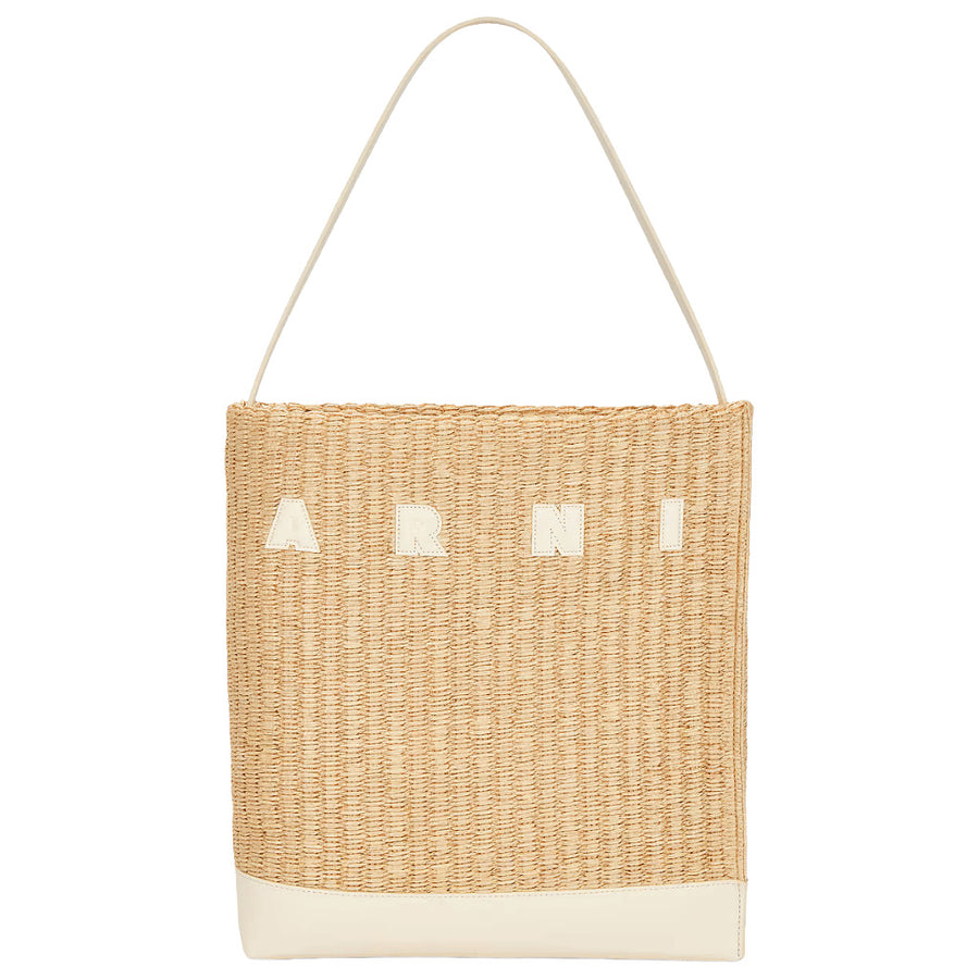 Marni – beige raffia shoulder bag – front view with long thin handle and logo
