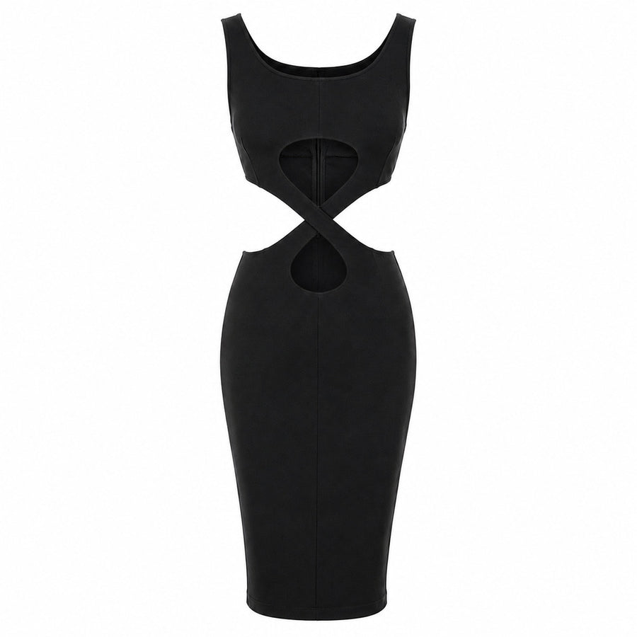 Dolce & Gabbana – black cutout midi dress – front flat view with crossed waist straps