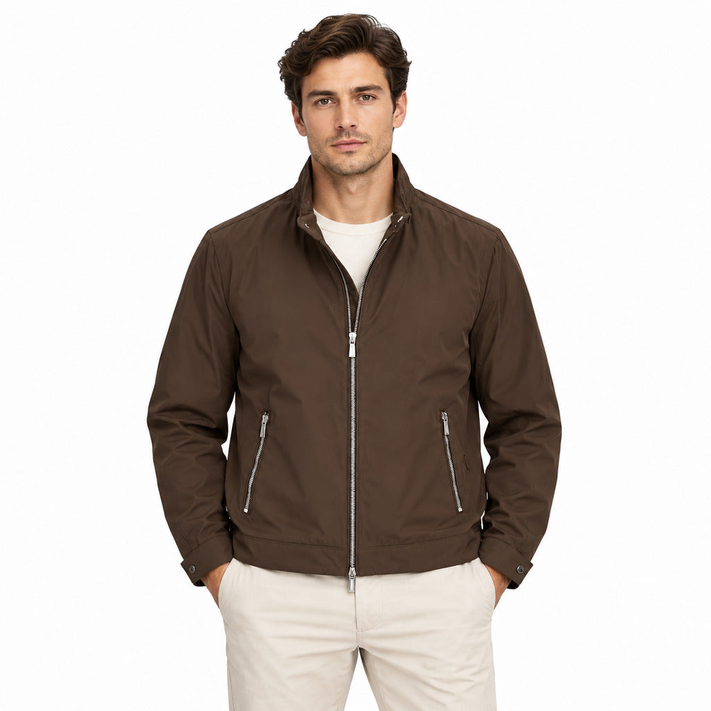 Moorer – Vangi Leather Jacket – model wearing it from the front with light trousers