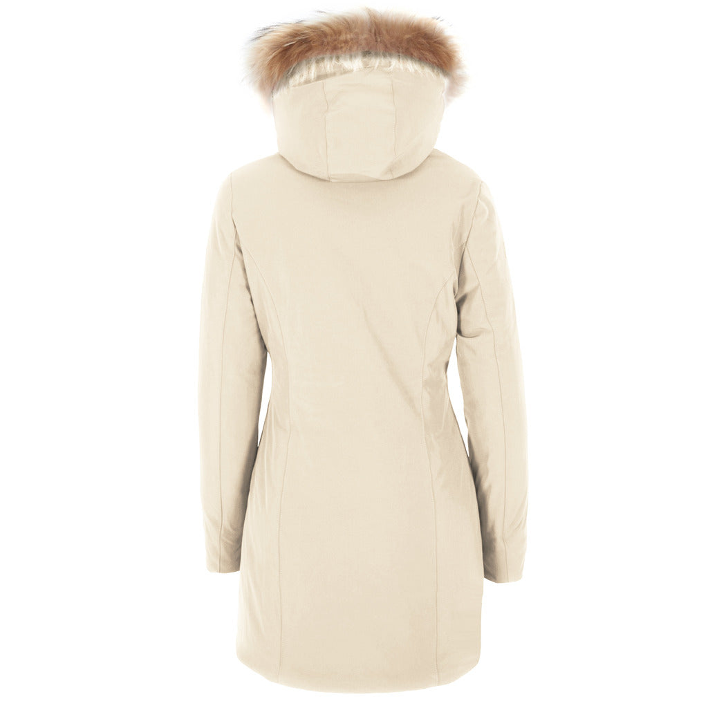 Yes Zee – white long puffer jacket with fur-trimmed hood – back view
