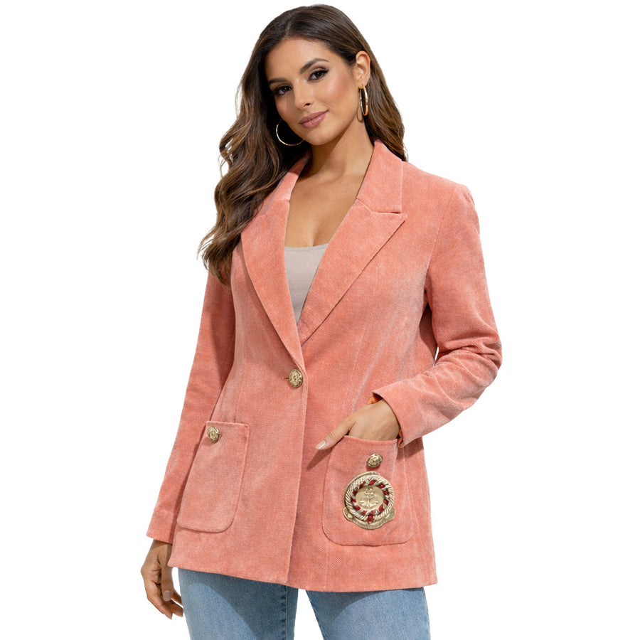 Elisabetta Franchi – pink formal jacket with brooch – front view with embellished pockets