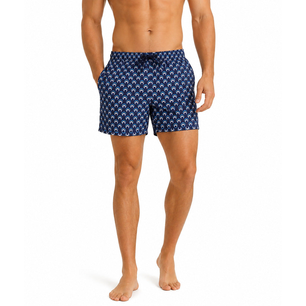 Yes Zee – navy patterned polyester Bermuda shorts – front view worn by model