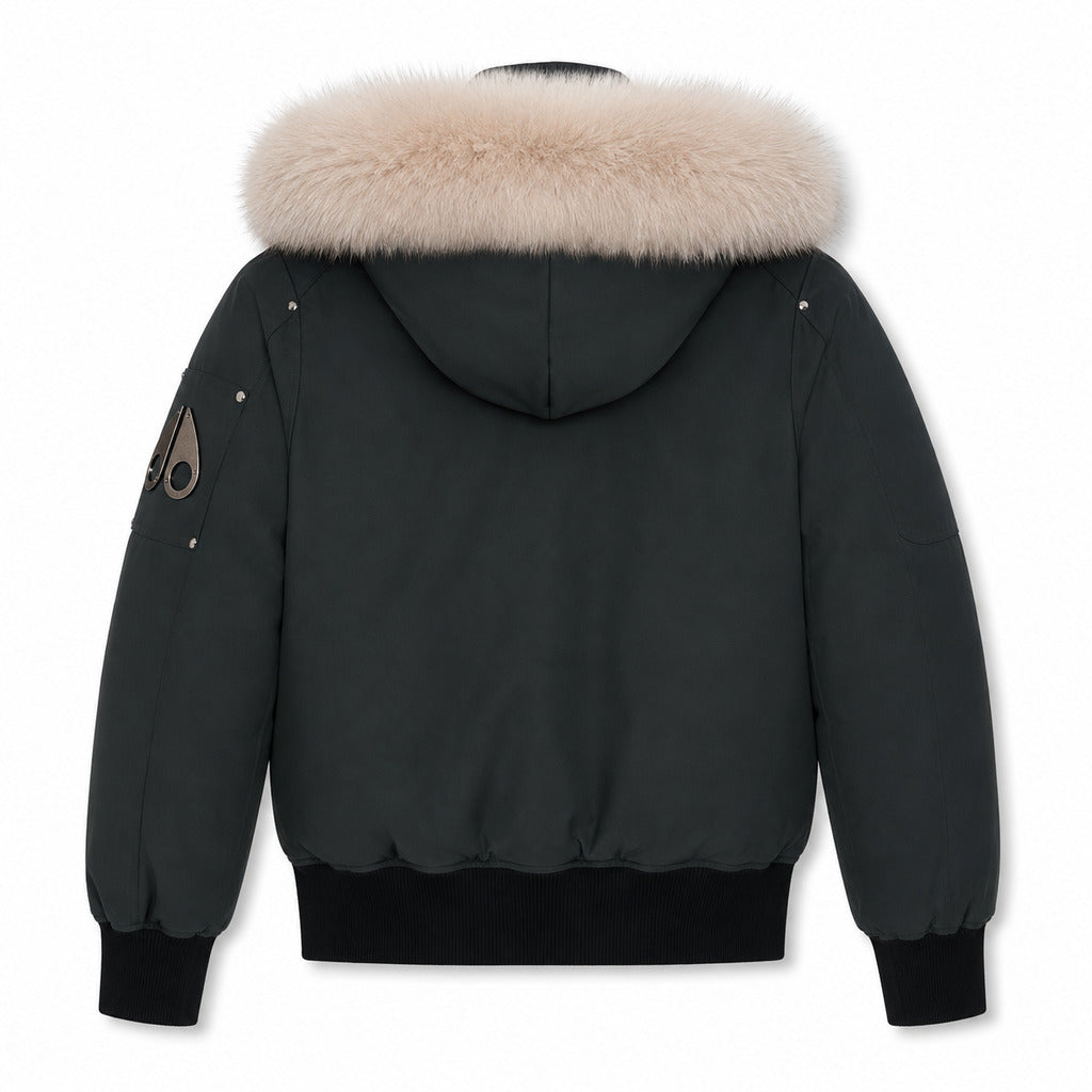 Moose Knuckles – Debbie grey bomber jacket with fluffy hood trim – back flat lay