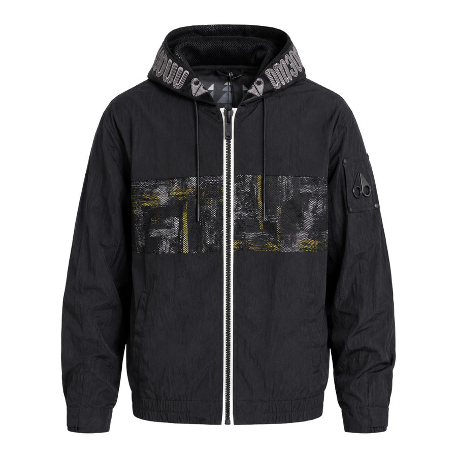 Moose Knuckles – black hooded windbreaker jacket – front view with graphic chest panel and zip closure