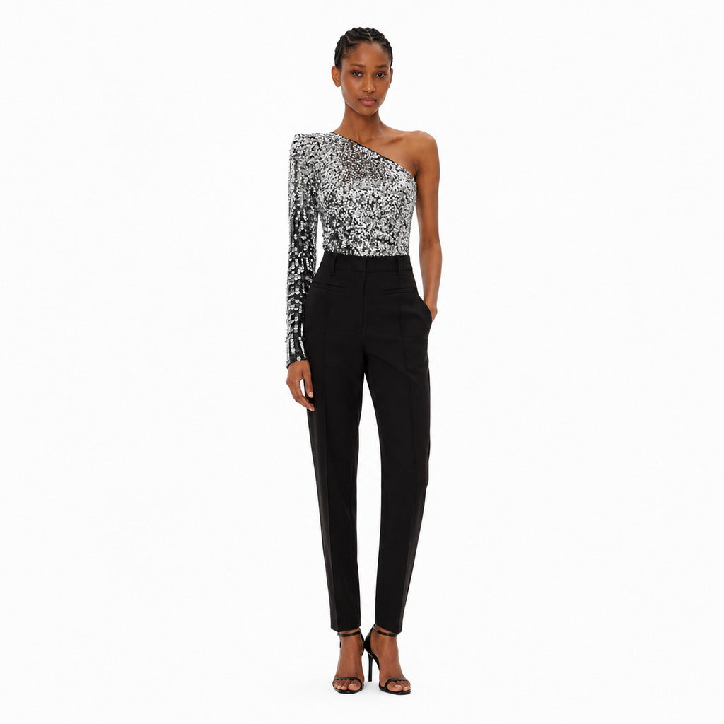 Patrizia Pepe – grey sequin one-shoulder bodysuit – front full-length view styled with black trousers