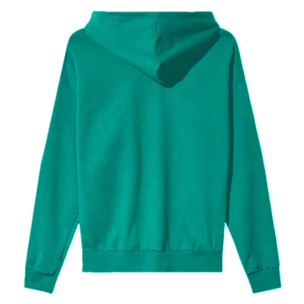 Pharmacy Industry – green hooded sweatshirt – back view showing hood and plain fabric