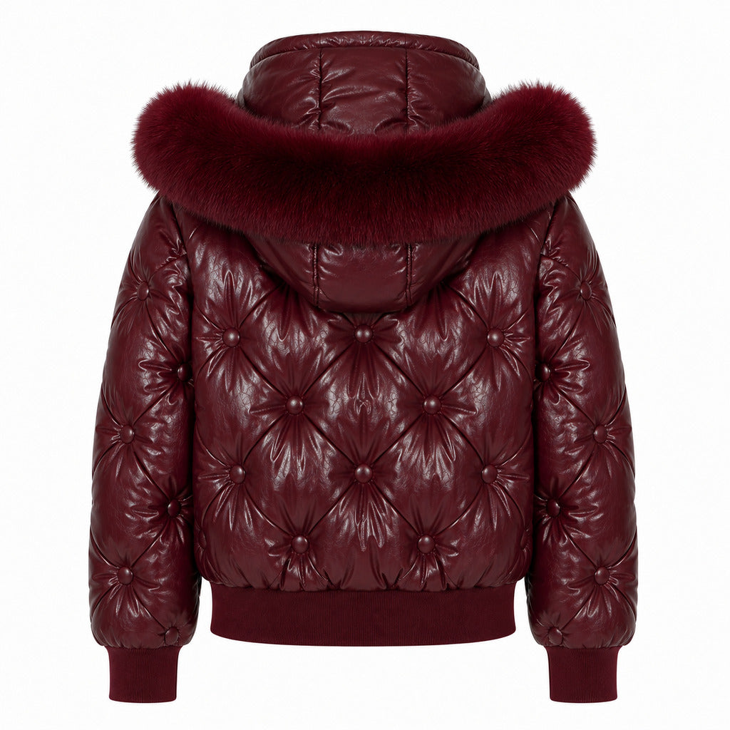 Moose Knuckles – purple padded jacket with fur-trimmed hood – rear product view