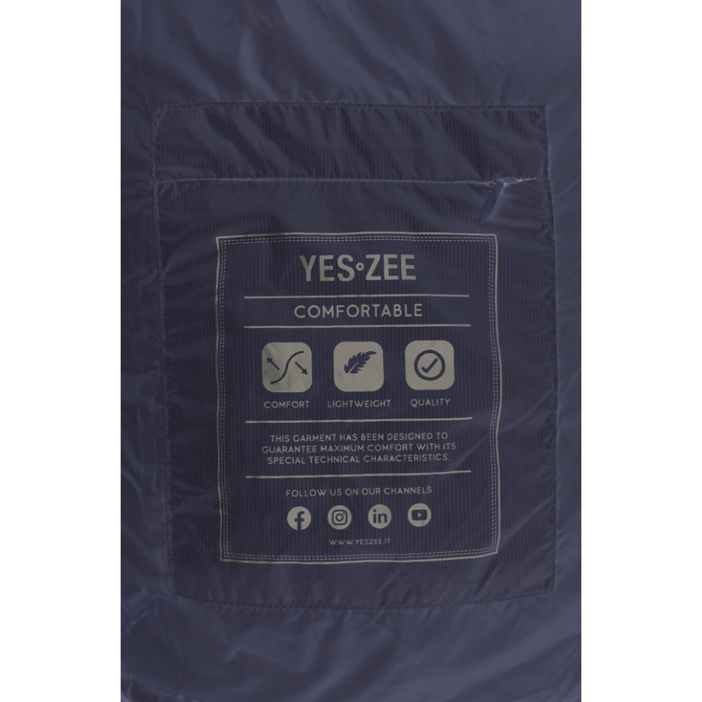 Yes Zee – Hooded Down Vest in Blue – close-up of interior brand label