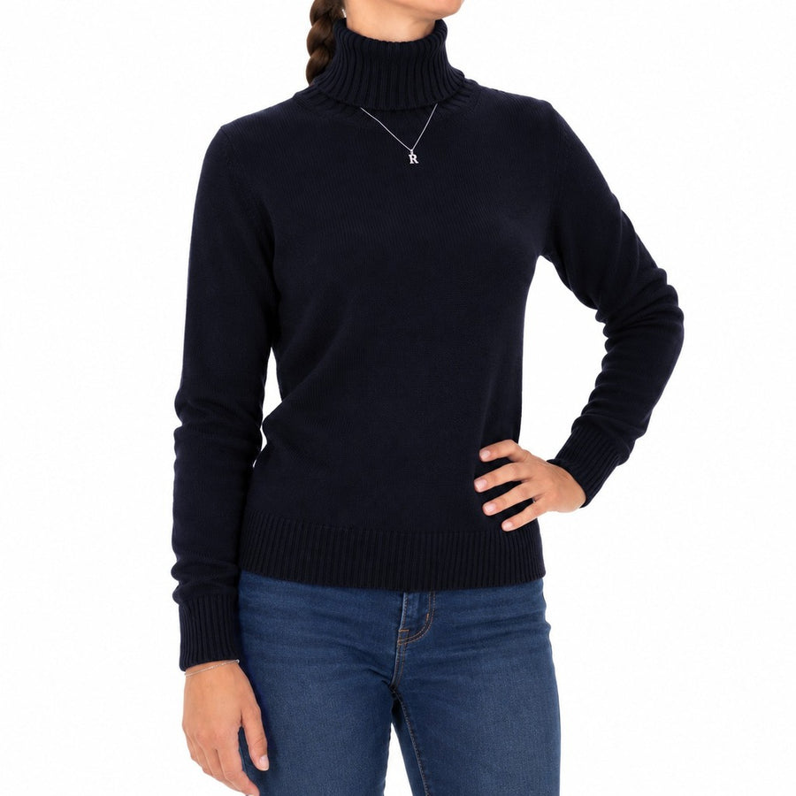 Emilio Romanelli – navy cashmere turtleneck sweater – front view with blue jeans