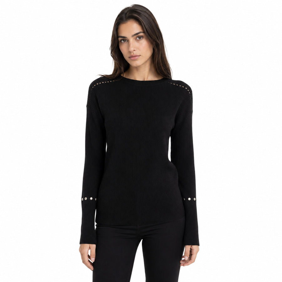 Patrizia Pepe – black ribbed jumper with studded details – front view worn by model