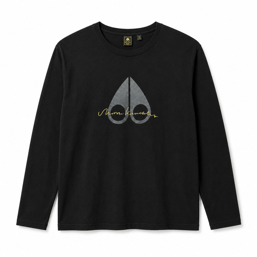 Moose Knuckles – Dalton long-sleeve T-shirt in black – front flat lay with chest graphic