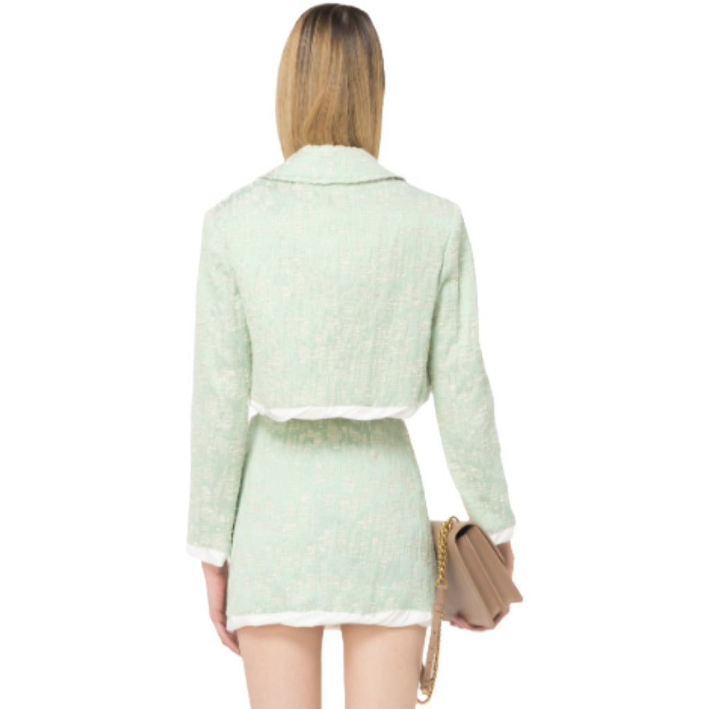 Pinko – cropped mint green jacket with textured fabric – model showing the back view