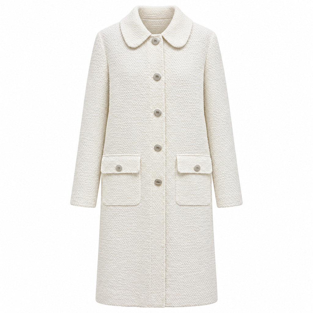 Dolce & Gabbana – white camel hair coat – front view, textured fabric and buttoned pockets