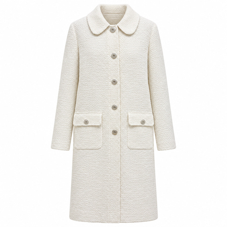 Dolce & Gabbana – white camel hair coat – front view, textured fabric and buttoned pockets