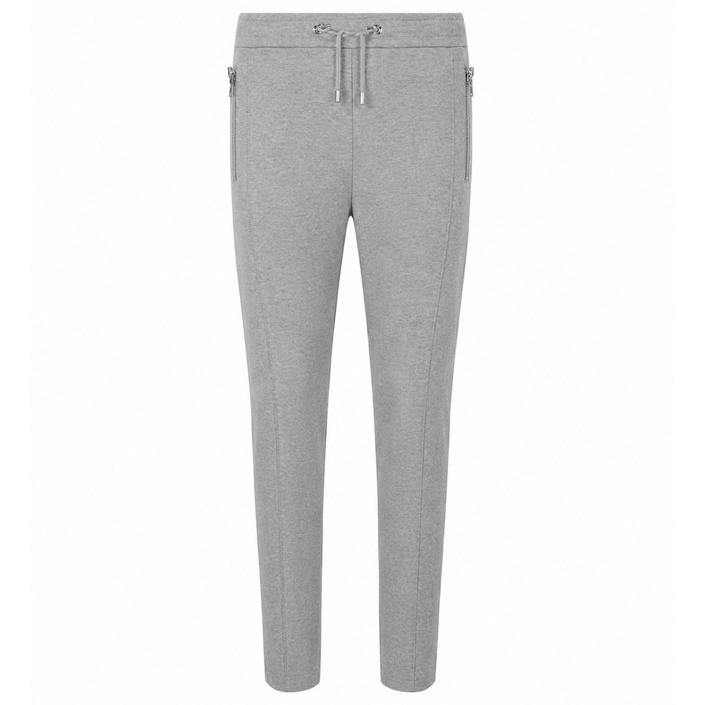 Balmain – heather grey cotton joggers – front flat lay with drawstring and zip pockets