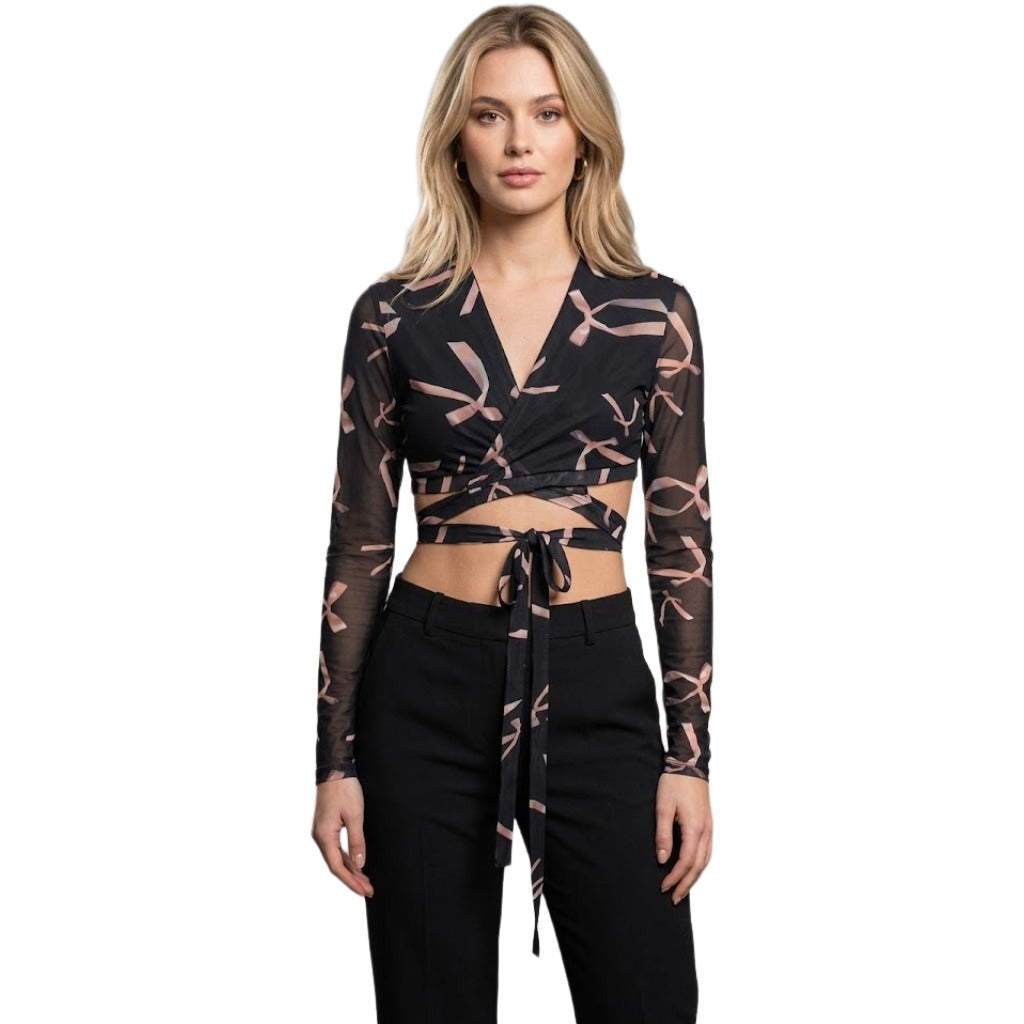 Pinko – Urtare black sheer long-sleeve crop top – front view with wrap tie
