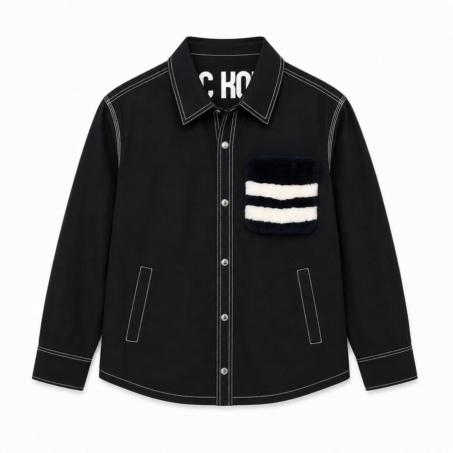 Moose Knuckles – black button-front shirt with striped furry chest pocket – front flat lay