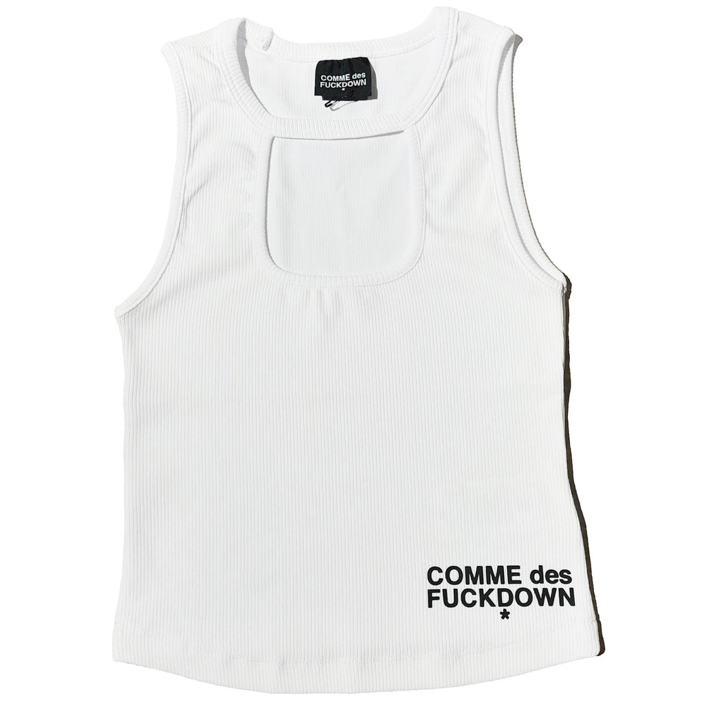 Comme Des Fuckdown – white ribbed sleeveless top – front view with chest panel and logo