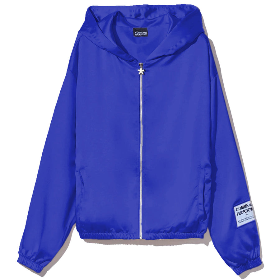 Comme Des Fuckdown – Satin Jacket – Front view of blue jacket with hood, zip and sleeve label
