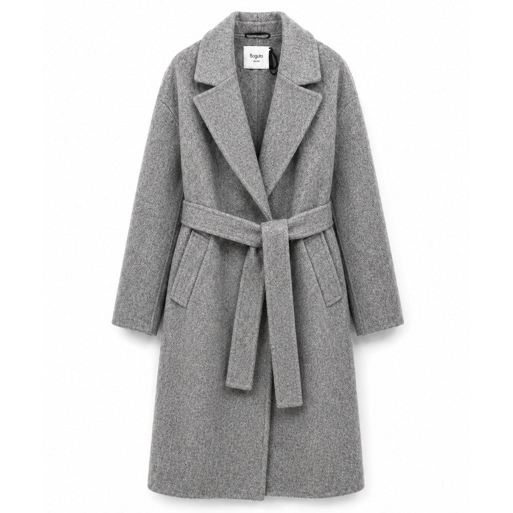 Bagutta – grey wool belted long coat – front flat lay showing textured fabric