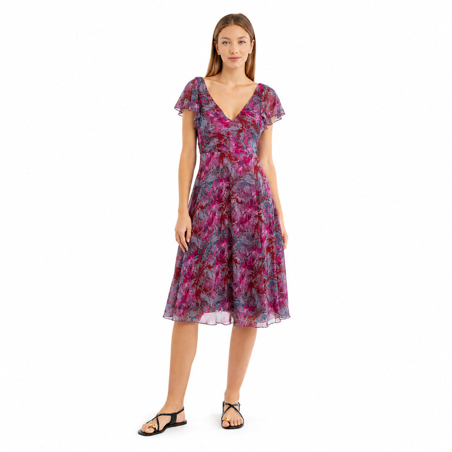 Patrizia Pepe – purple floral midi dress with flutter sleeves – front view on model