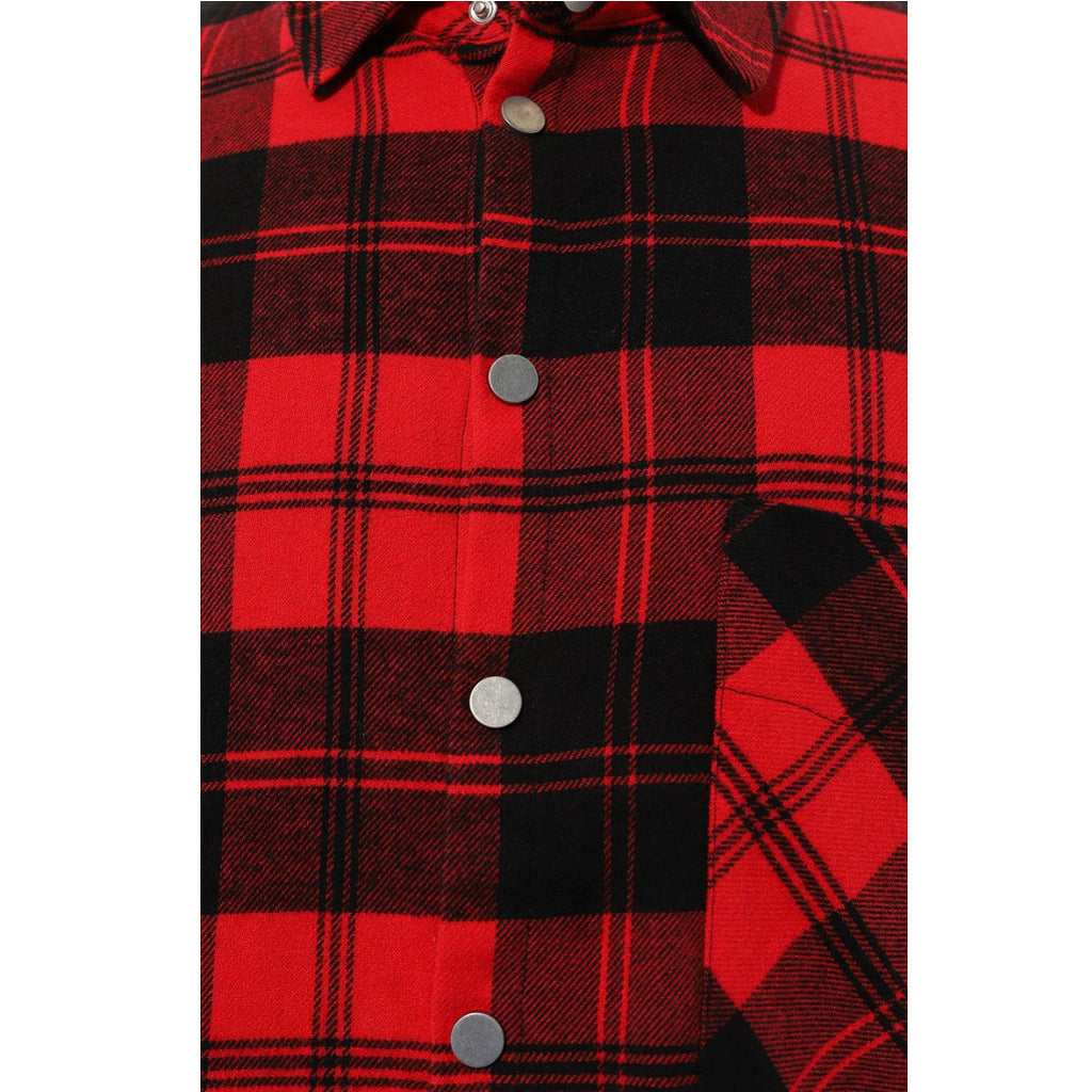 Diego Venturino – Red and Black Tartan Jacket – close-up of plaid fabric and buttons