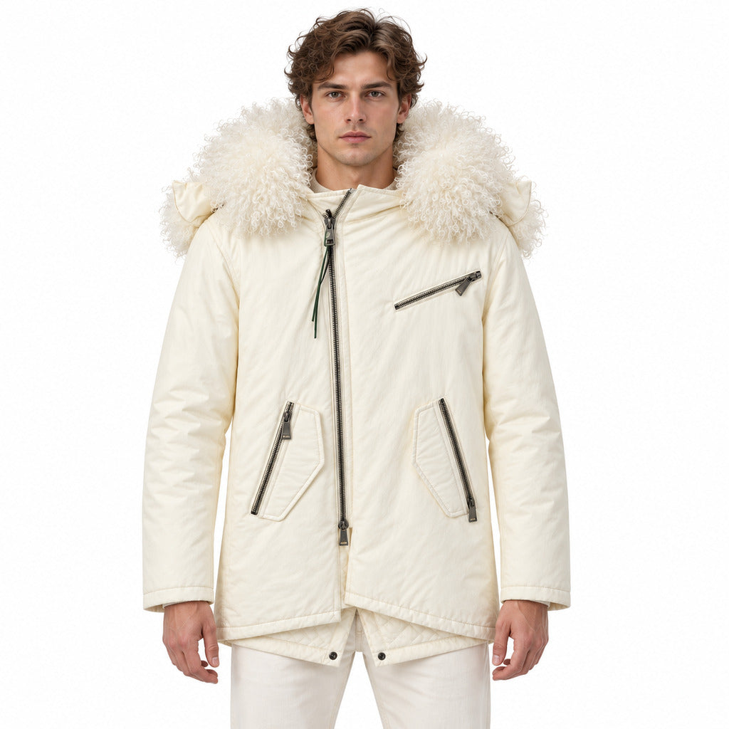 Hogan – Fur-Trimmed Hood Jacket in White – model wearing jacket, front view