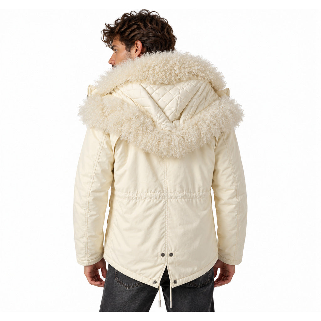 Hogan – Fur-Trimmed Hood Jacket in White – model wearing jacket, rear three-quarter view