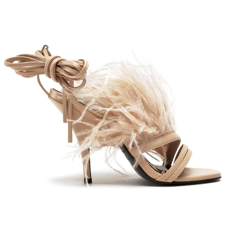 Patrizia Pepe – beige feather sandals – side view with tied ankle straps