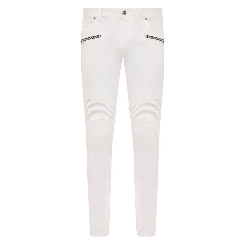 Balmain – white slim-fit jeans – front flat lay showing zipped pockets and ribbed knees