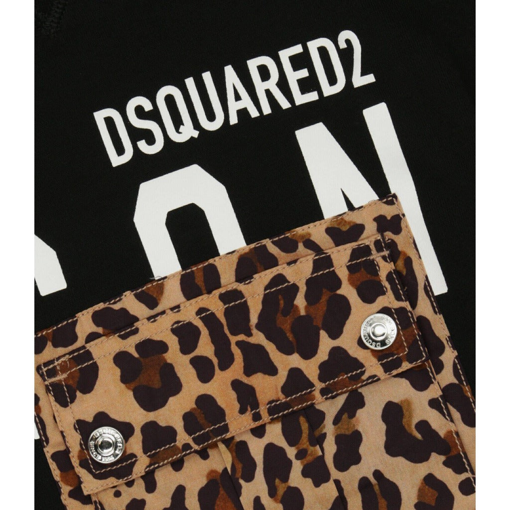 Dsquared2 – black cotton hooded sweatshirt dress – close-up of logo and leopard-print pocket