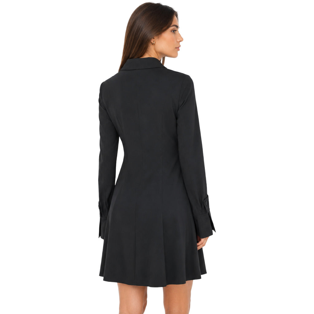 Patrizia Pepe – black button-front dress – model wearing it, back view with flared skirt