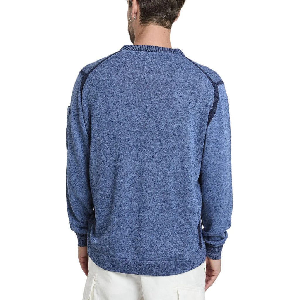 C.P. Company – light blue pocket sweater – back view worn with diagonal shoulder seams and ribbed hem