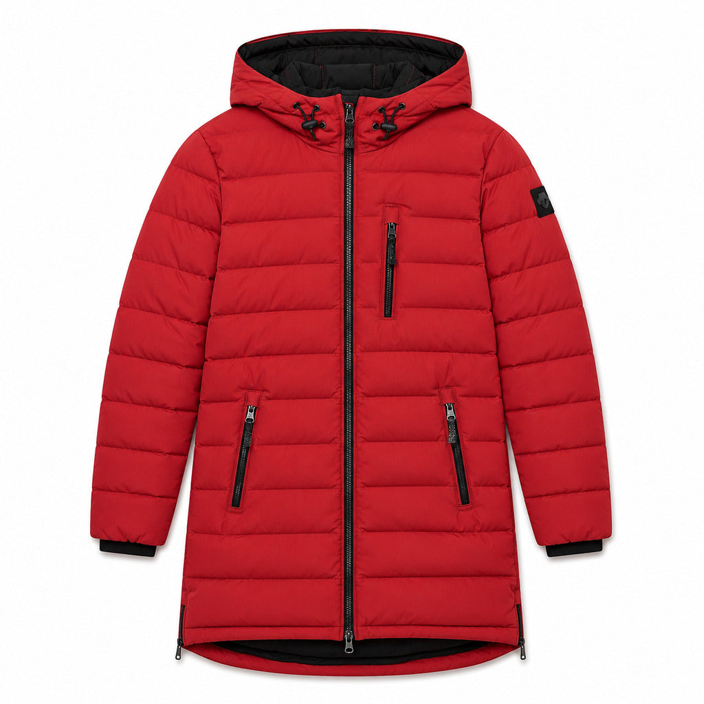 Moose Knuckles – Rockclif red hooded long down jacket – front flat lay