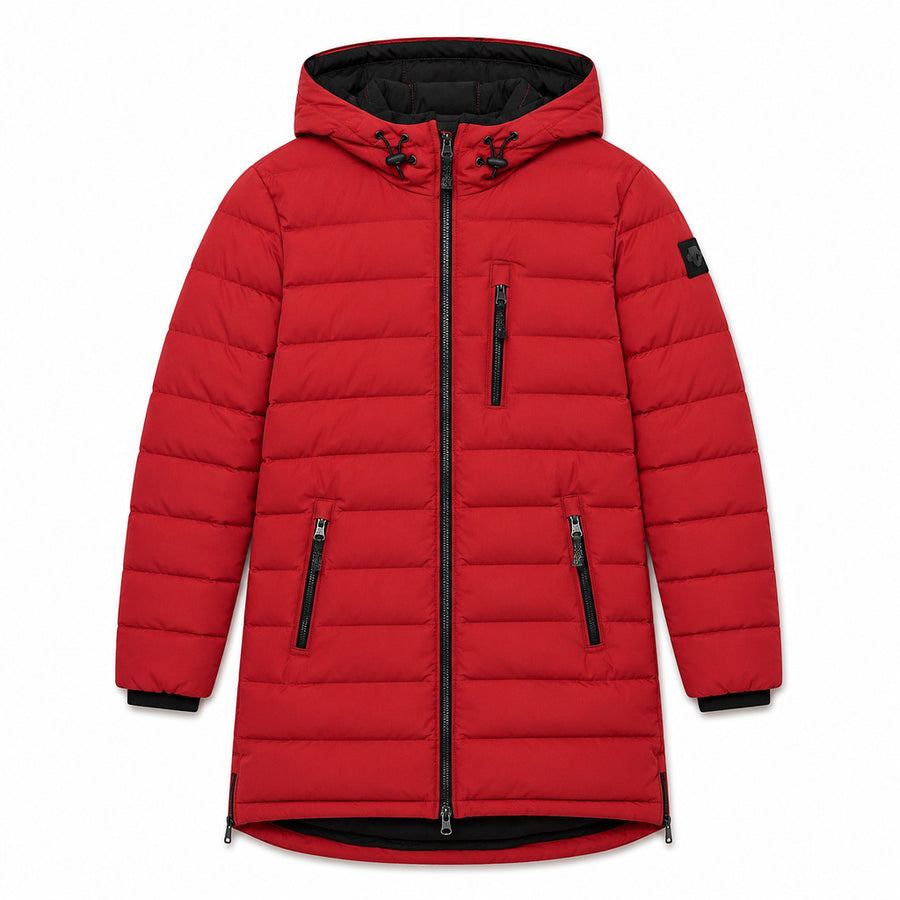 Moose Knuckles – Rockclif red hooded long down jacket – front flat lay