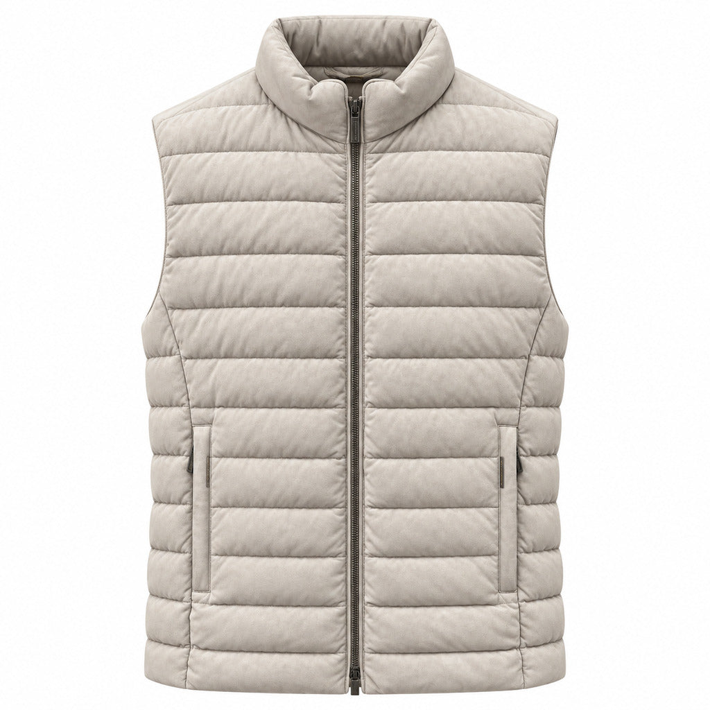 Moorer – Quilted Leather Vest in Marble – front view, flat beige vest with zip and pockets