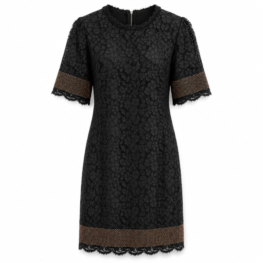 Dolce & Gabbana – black lace dress with gold rhinestone bands – front view, laid flat