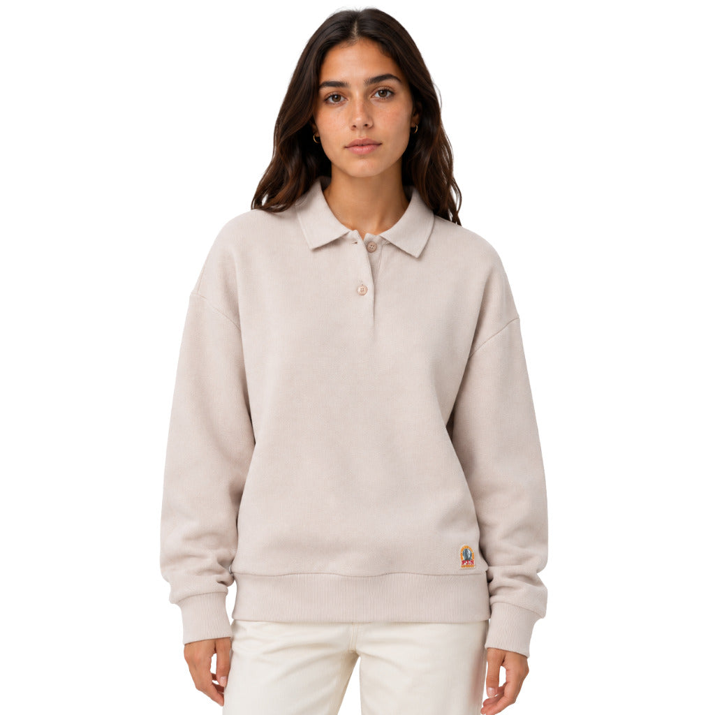 Parajumpers – Saranda pink collared sweatshirt – front view worn by a model with white trousers