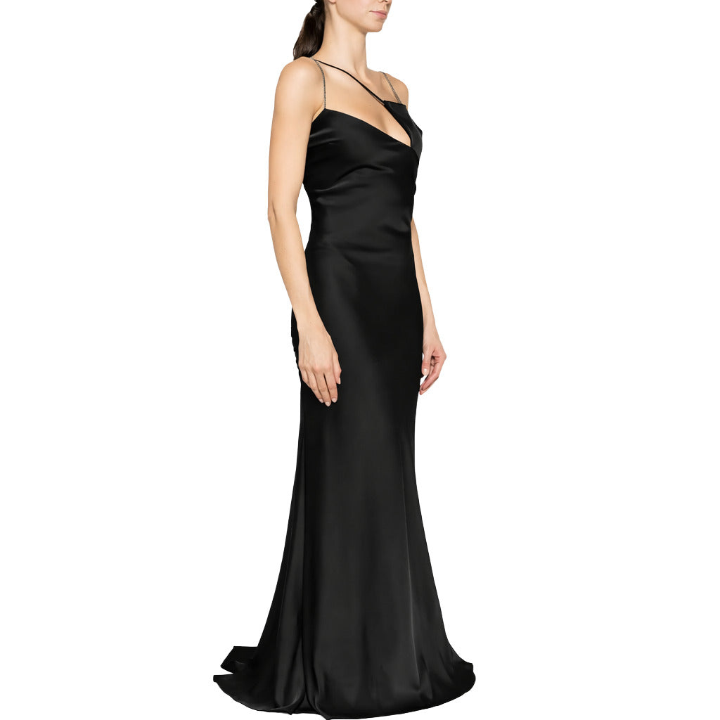 The Attico – long black sleeveless dress – side view showing fitted silhouette and asymmetric neckline