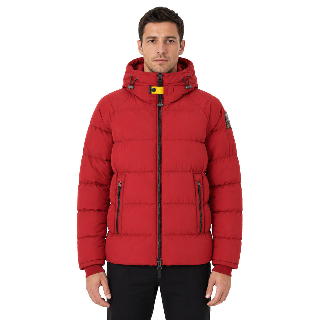 Parajumpers – red hooded down jacket – model wearing it, front view