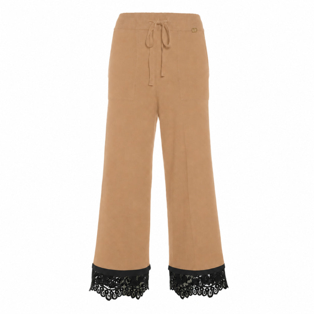 Twinset Lace-Trim Knit Trousers in Camel