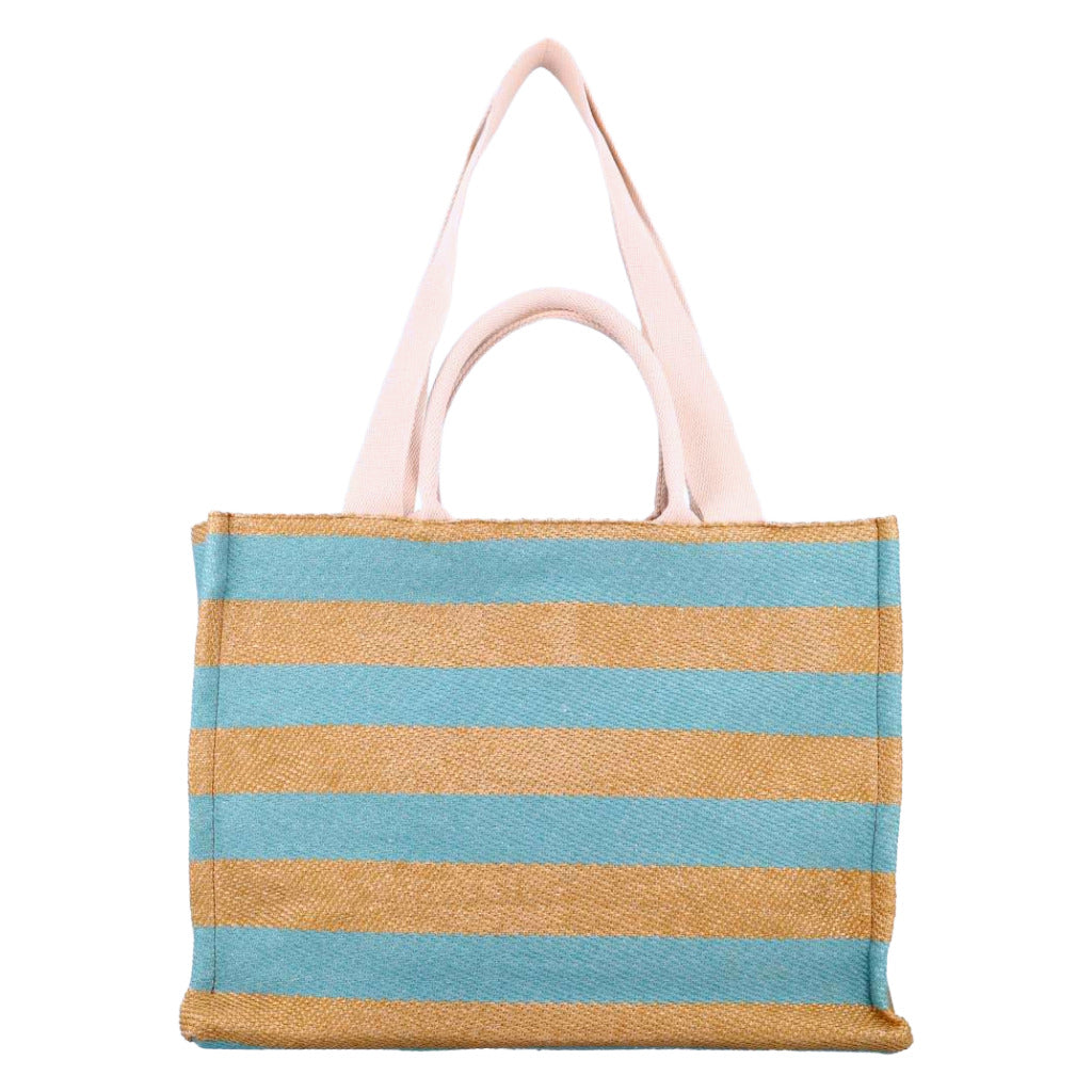 Marni – multicolour striped raffia tote bag – plain back view with pink handles