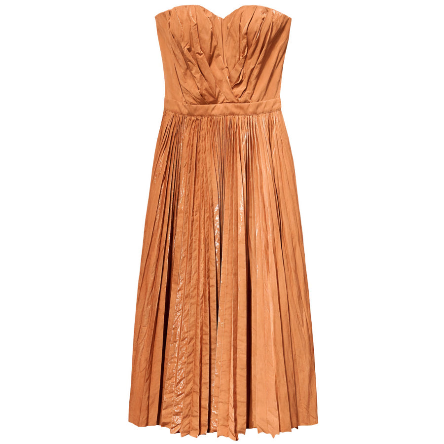 Elisabetta Franchi – Rose gold pleated strapless dress – Front flat lay with sweetheart neckline