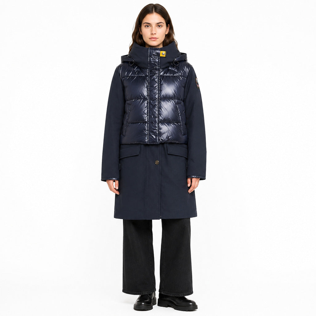 Parajumpers – Blue Mirai coat with glossy quilted hooded front – full-length front view